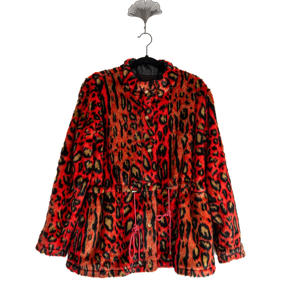 Nicole Miller Red Leopard Faux Fur Anorak Jacket Zip Drawstring Waist - Size P - Picture 8 of 9